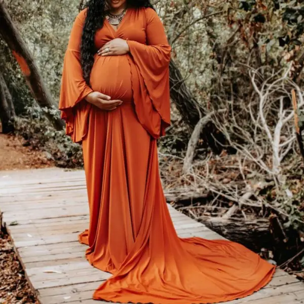 Maternity V-neck Flared Long Sleeve Photoshoot Dress - Lukalula.com 
