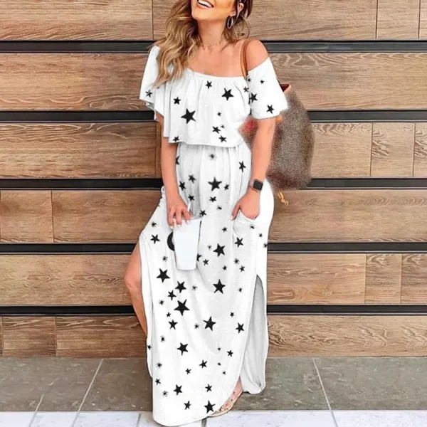 Maternity Stars Print Off Shoulder Ruffles Slit Dress - Lukalula.com 