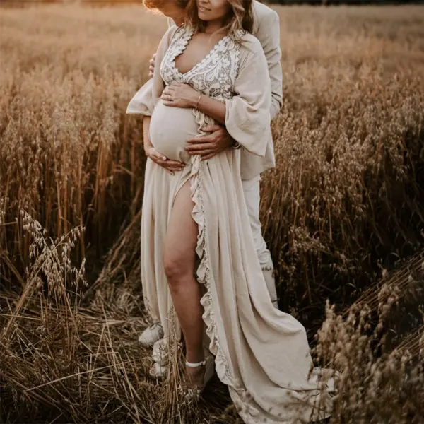 Maternity Off-White Lace V-Neck Backless Photoshoot Dress 