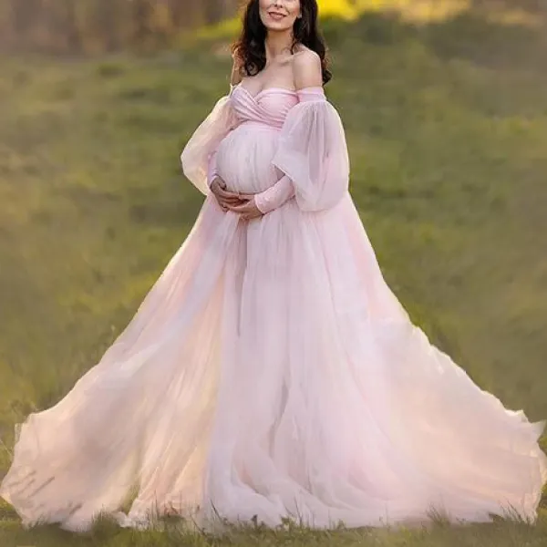 Maternity Pink Mesh Puff Sleeve Off-shoulder Photoshoot Dress - Lukalula.com 