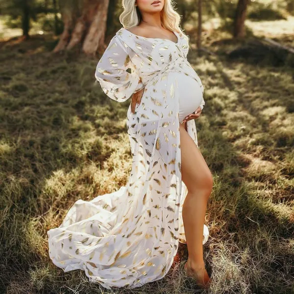 Maternity White Feather Print Chiffon Photoshoot Dress (Dress Only) - Lukalula.com 