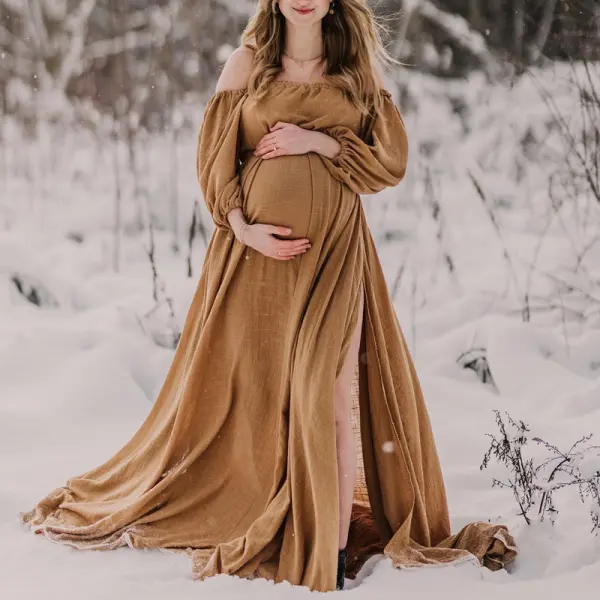 Maternity Khaki Off-The-Shoulder Long Sleeve Photoshoot Dress 