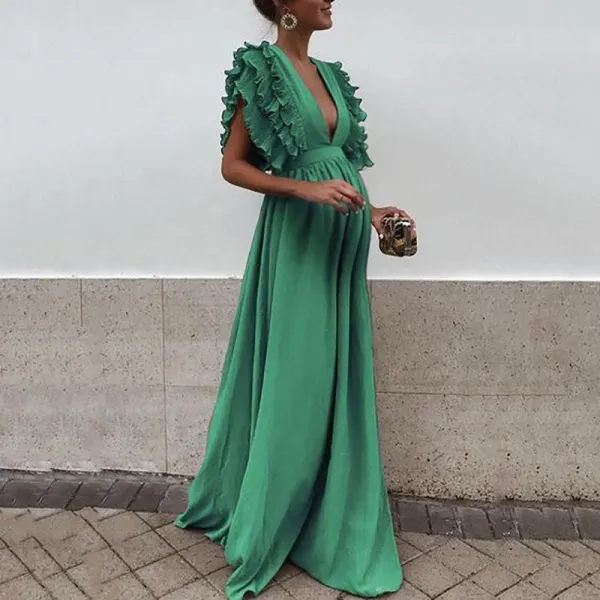 Maternity Sexy Solid Color Deep V Ruffled Sleeves Dress Only $41.64 - Lukalula.com 