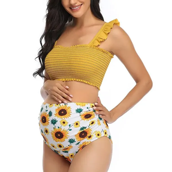 Maternity Print Cable Split Summer High Waist Swimsuit Two Piece Set - Lukalula.com 