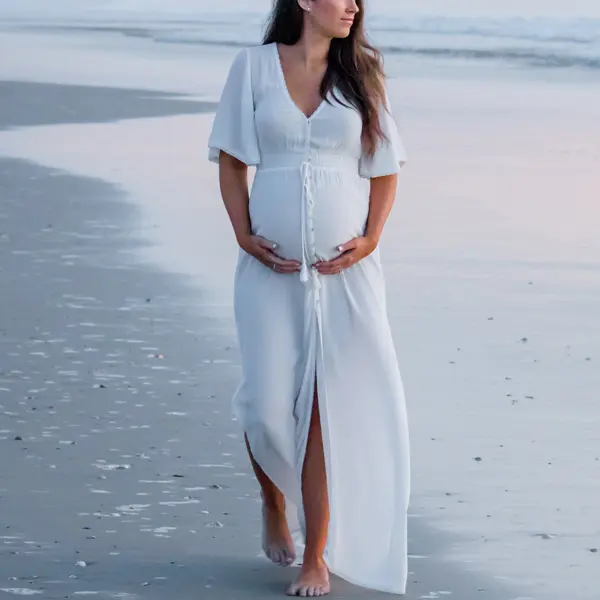 Maternity White V-neck Button Split Photoshoot Maxi Dress 