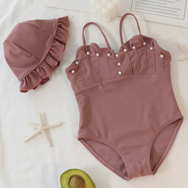 【18M-9Y】2-piece Girls Solid Color One Piece Swimsuit With Hat - Popopieshop.com 