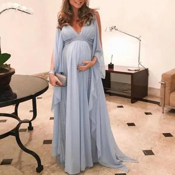 Maternity Blue V Neck Photoshoot Dress - Lukalula.com 