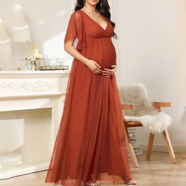 Maternity V-neck Shortsleeve Mesh Photoshoot Dress - Lukalula.com 