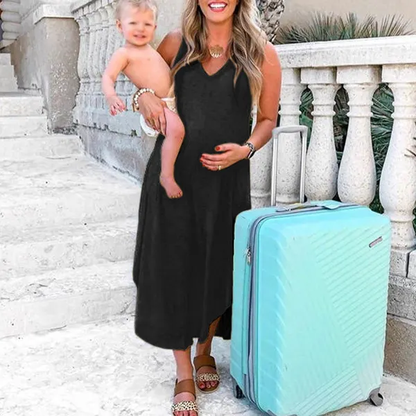 Maternity Casual Loose V-Neck Sleeveless Dress Irregular Maxi Dress Only $44.35 - Lukalula.com 