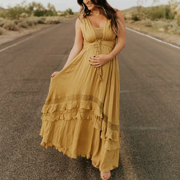 Maternity Yellow V-Neck Backless Photoshoot Dress Only $69.30 - Lukalula.com 