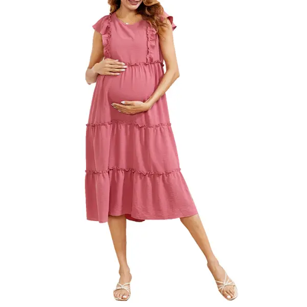 Maternity Round Neck Ruffled Maxi Dress Only $47.03 - Lukalula.com 