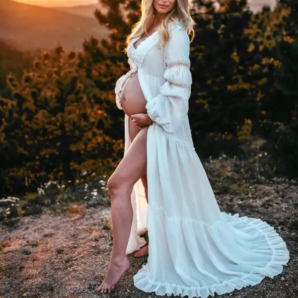 Maternity White V-neck Ruffled Split Photoshoot Dress - Lukalula.com 