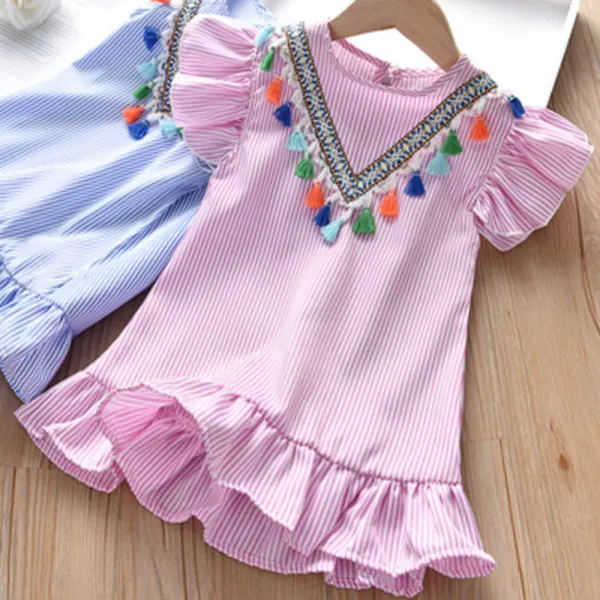 【18M-9Y】Girls Striped Colorful Fringe Short Sleeve Dress - Popopieshop.com 