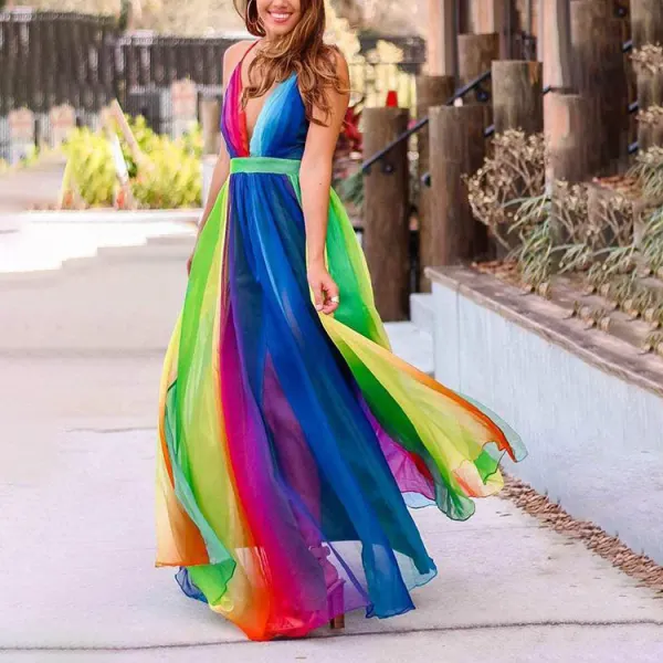 Maternity Rainbow Striped Chiffon Sling Backless Maxi Dress - Lukalula.com 