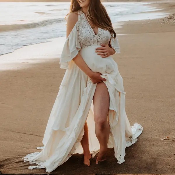 Maternity White Lace Splicing V-neck Off Shoulder Photoshoot Dress 