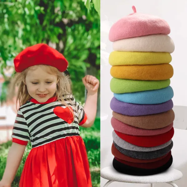 【2Y-8Y】Girls Fashion Solid Color Wool Beret Hat - Popopieshop.com 