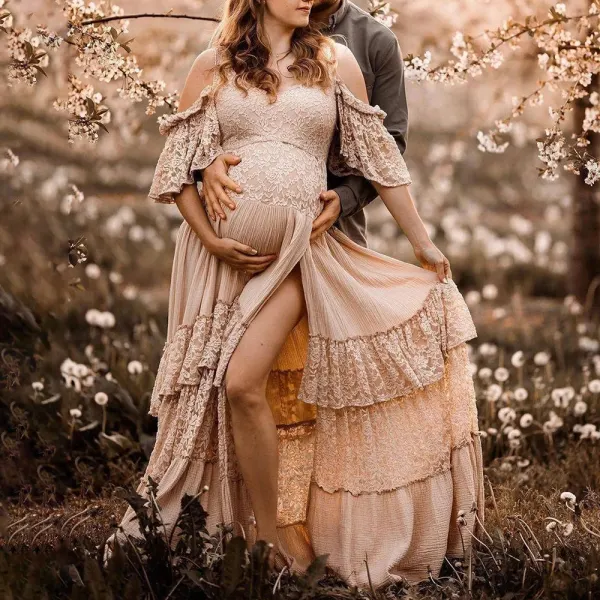Maternity Khaki Lace Splicing Off-the-shoulder Photoshoot Dress - Lukalula.com 