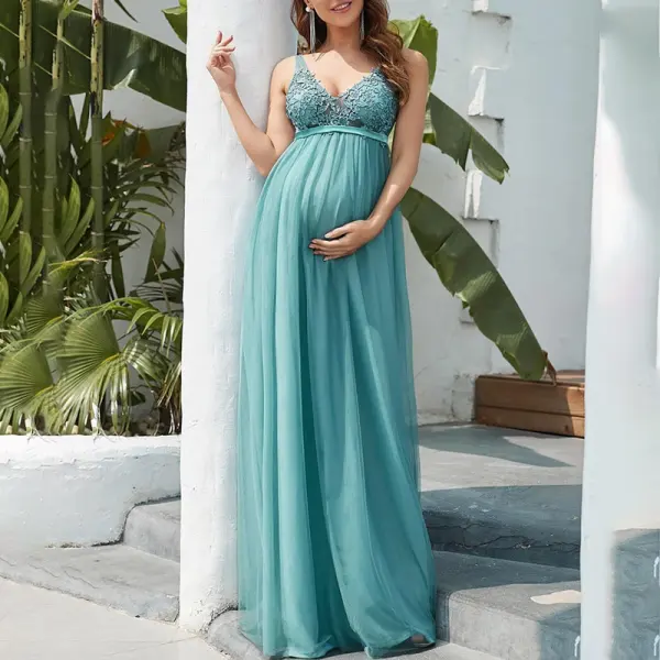 Maternity Round Neck Blue Color Sleeveless Photoshoot Dress - Lukalula.com 