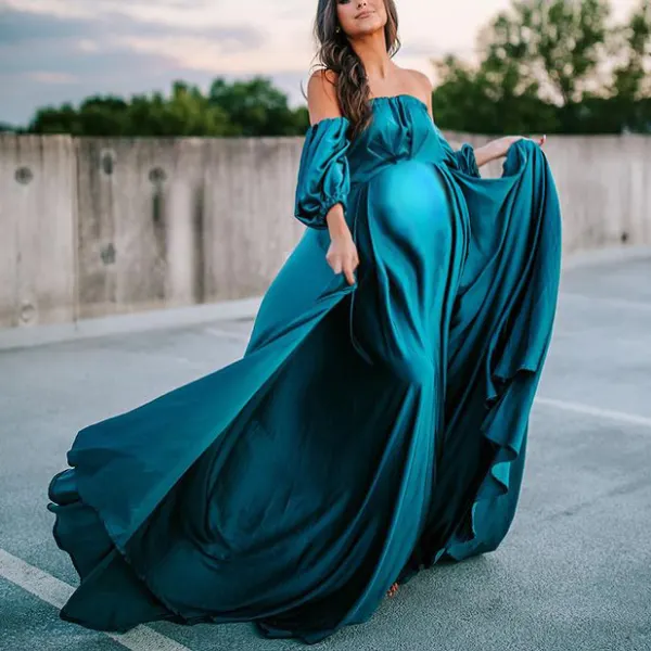 Maternity Off Shoulder Split Dress Blue Maxi Photoshoot Dress - Lukalula.com 