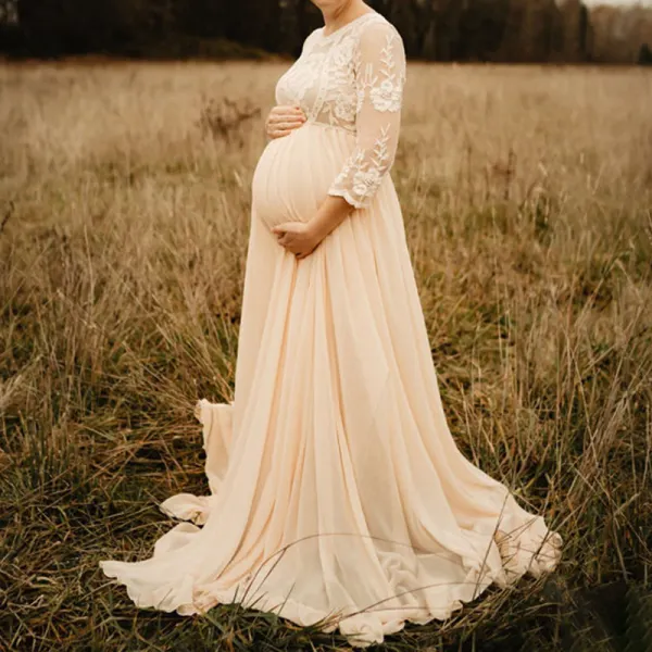 Maternity Floral Lace Mesh Long Dress Apricot Photo Dress - Lukalula.com 