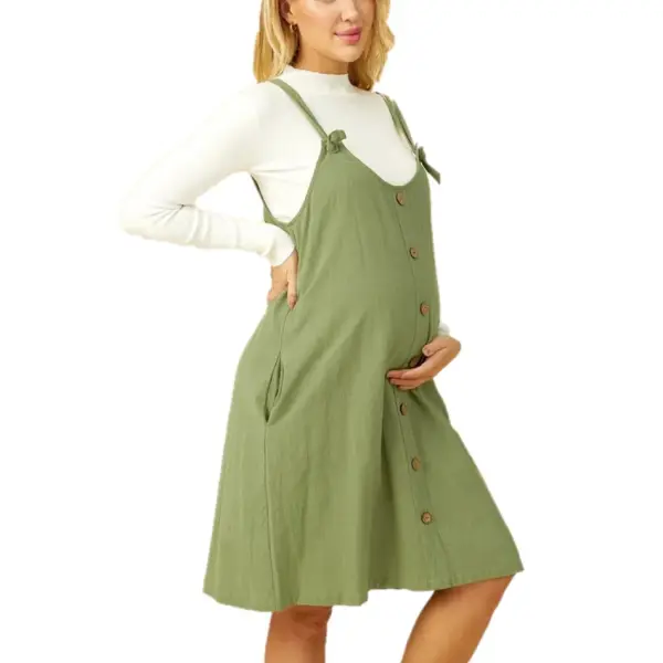 Maternity Green Strap Casual Button Dress - Lukalula.com 