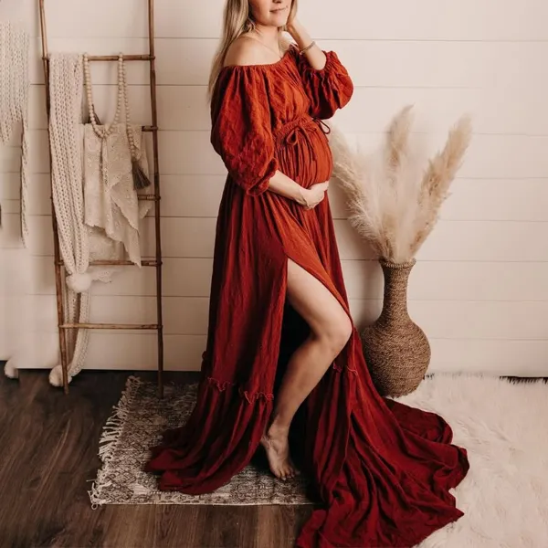 Maternity One Shoulder High Waist Split Photoshoot Dress - Lukalula.com 