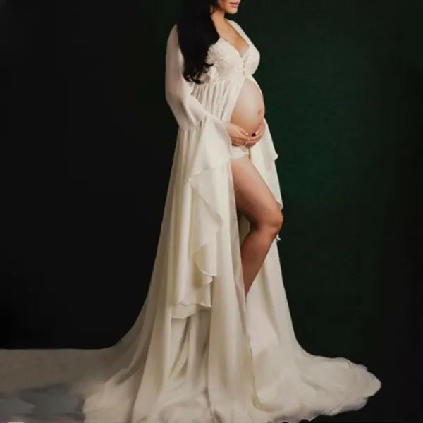 Maternity Sexy Deep V Lace Panel Irregular Ruffle Photoshoot Dress - Lukalula.com 