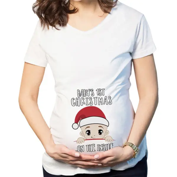 Maternity Baby Christmas Cartoon Printed Round Neck Short Sleeve Cute Black T-Shirt - Lukalula.com 