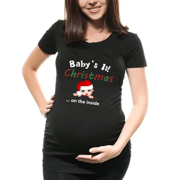 Maternity Christmas Cute Baby Print Short Sleeve Print Loose Short Sleeve T-shirts - Lukalula.com 