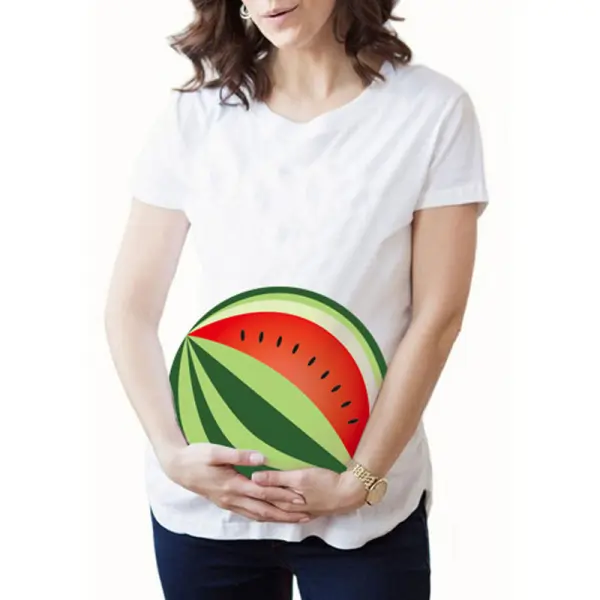Maternity White Crew Neck Fun Hand Tote Watermelon Print Short Sleeve T-Shirt - Lukalula.com 