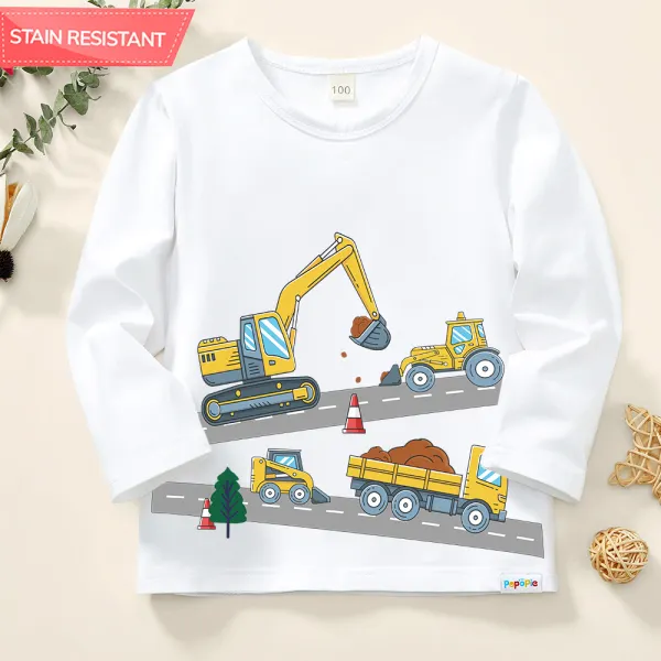 【12M-9Y】Toddler Boy Excavator Print Cotton Stain Resistant White Long Sleeve T-shirt - Lukalula.com 
