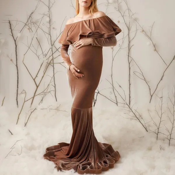 Maternity Ruffled Off The Shoulder Long Sleeve Photoshoot Dress Only $66.96 - Lukalula.com 