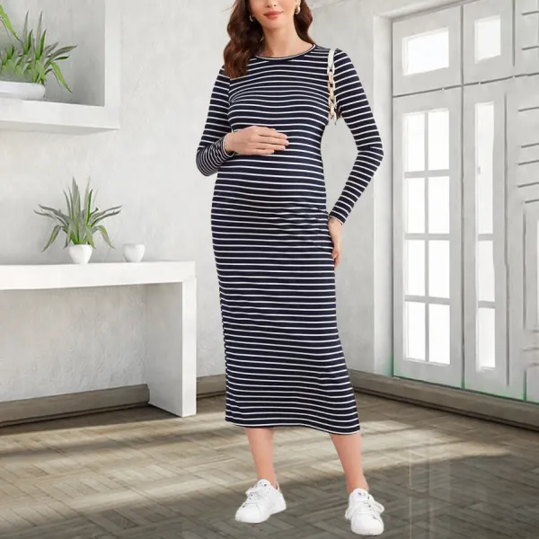 Maternity Black And White Striped Long Sleeve Dress - Lukalula.com 