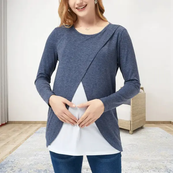 Maternity Long Sleeve Fake Two Piece Breastfeeding T-Shirt - Lukalula.com 