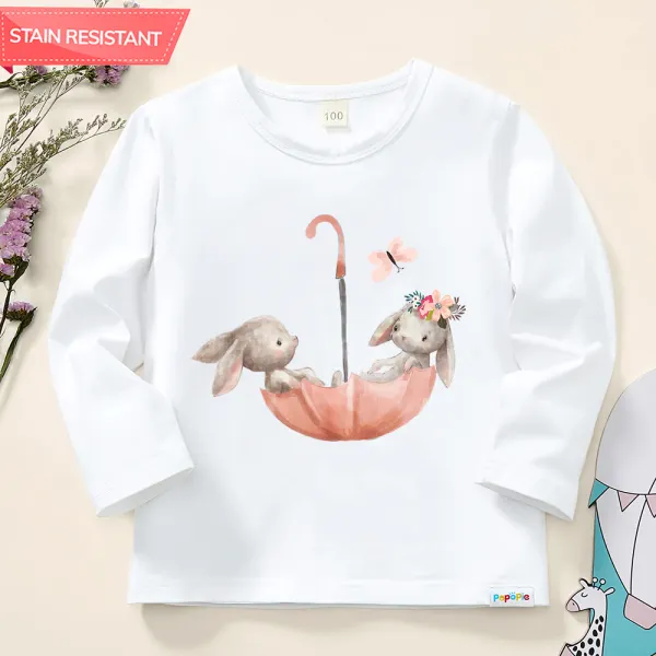 【12M-9Y】Girl Cotton Stain Resistant Bunny Print Long Sleeve Tee - Lukalula.com 