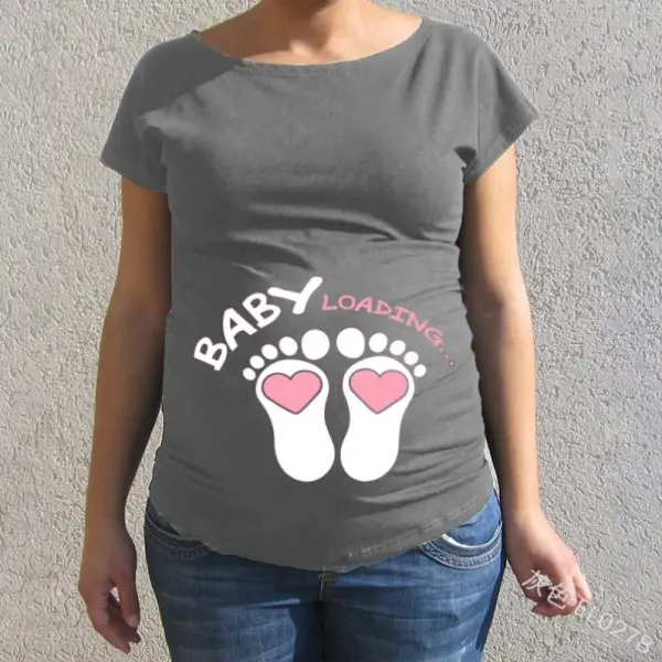 Maternity Short Sleeve Crew Neck Baby Footprint Print T-Shirt - Lukalula.com 