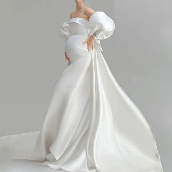 Maternity White Puff Sleeve Photoshoot Dress - Lukalula.com 