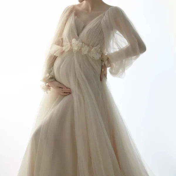 Maternity White Mesh Appliquéd V-Neck Long Sleeve Photoshoot Dress With Earrings - Lukalula.com 