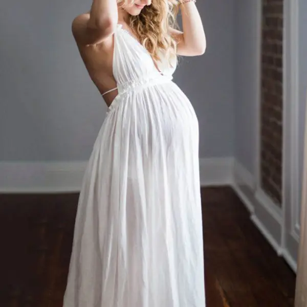Maternity Fashion White Halter Neck Maxi Photoshoot Dress - Lukalula.com 