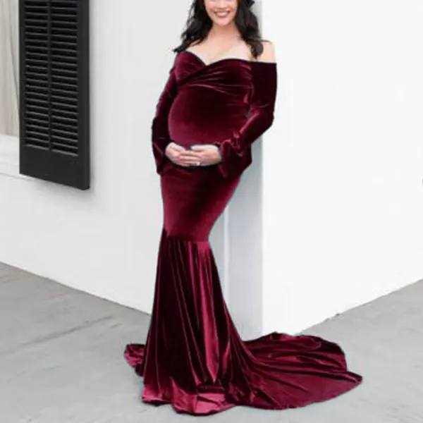 Maternity Off Shoulder Long Sleeve Velvet Maxi Dress - Lukalula.com 