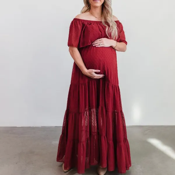 Maternity Off-shoulder Ruffled Lacing Red Photoshoot Dress - Lukalula.com 
