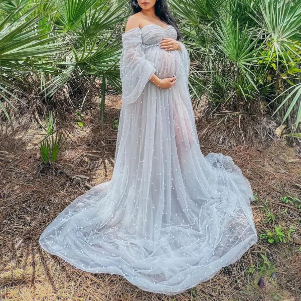 Maternity Grey Pearl Mesh Sheer Photoshoot Dress - Lukalula.com 