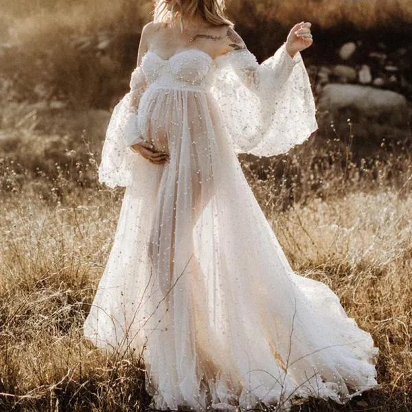 Maternity Off-shoulder White Sheer Lace Photoshoot Baby Shower Gown Dress 