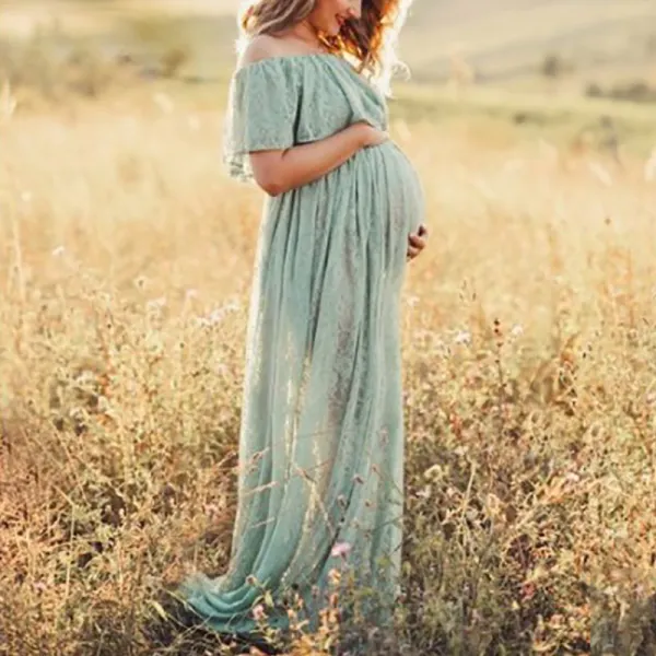 Maternity Fashion Collar Lace Short Sleeve Long Photoshoot Dress 