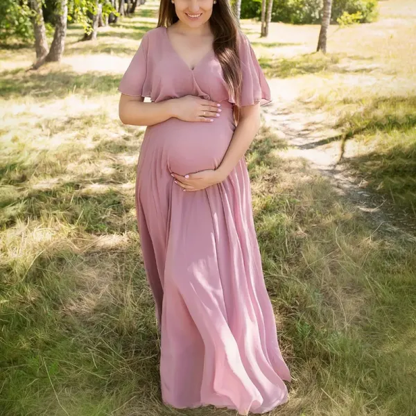 Maternity Pink V-neck Ruffled Photoshoot Maxi Dress - Lukalula.com 