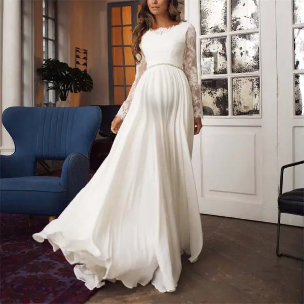 Maternity Round Neck Long Sleeve Backless Dress - Lukalula.com 