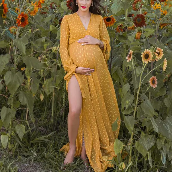 Maternity Elegant Yellow Polka Dot Chiffon V-Neck Maxi Dress Photoshoot Dress - Lukalula.com 