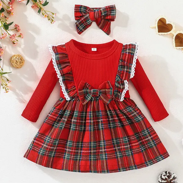 【3M-4Y】2-Piece Girls Sweet Red Plaid Long Sleeve Dress With Hairband - Lukalula.com 