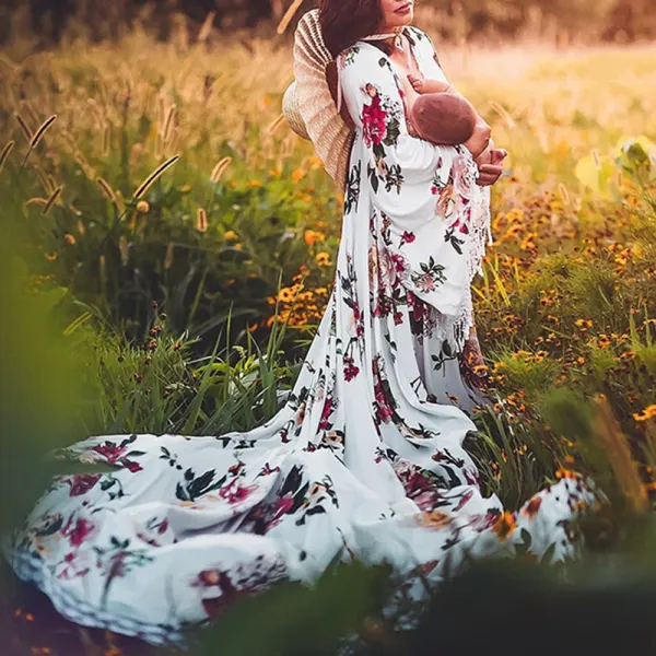 Maternity White Floral Print V-Neck Long Sleeve Photoshoot Dress - Lukalula.com 
