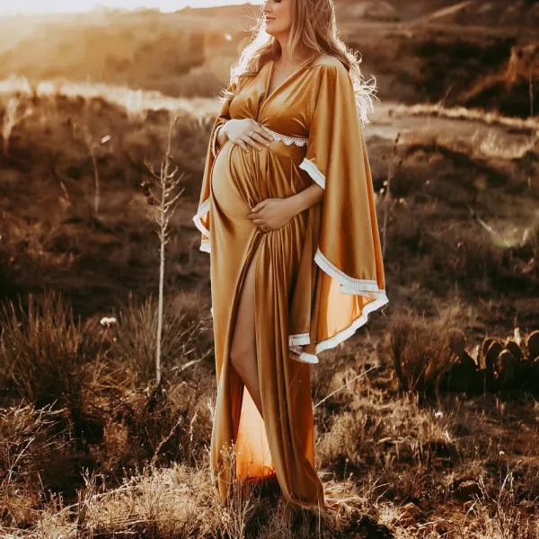 Maternity Elegant Yellow Velvet V-neck Photoshoot Dress - Lukalula.com 